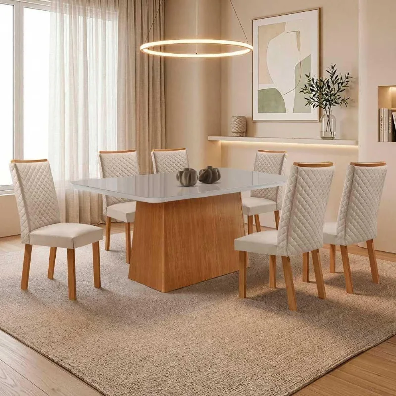 Mesa de Jantar Aida 6 Lugares MDF Vidro Serigrafado Veludo Off White 180CM Moderna - Moderna