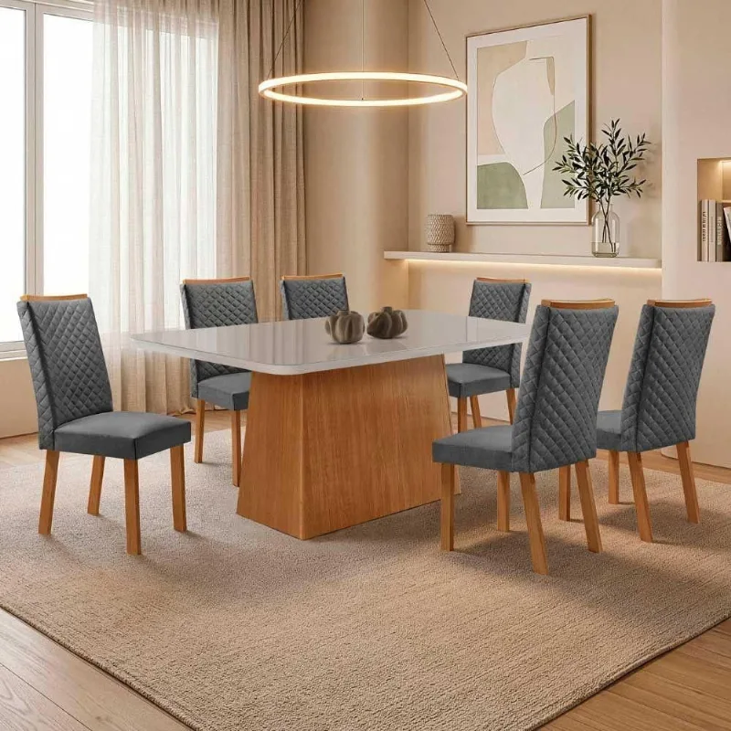 Mesa de Jantar Aida 6 Lugares MDF com Cadeiras Lira Linho Off White 180CM Moderna - Moderna