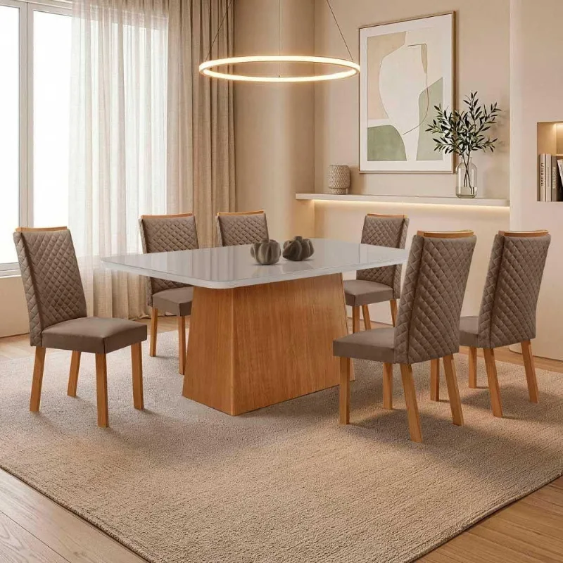 Mesa de Jantar Aida 6 Lugares MDF Vidro Serigrafado Off White 180CM Moderna - Moderna
