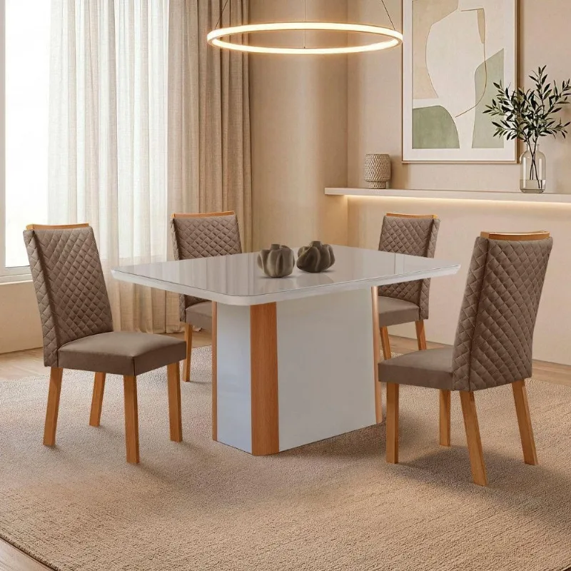 Mesa de Jantar Isadora 4 Lugares MDF Cadeiras Lira Veludo Off White 120cm Moderna