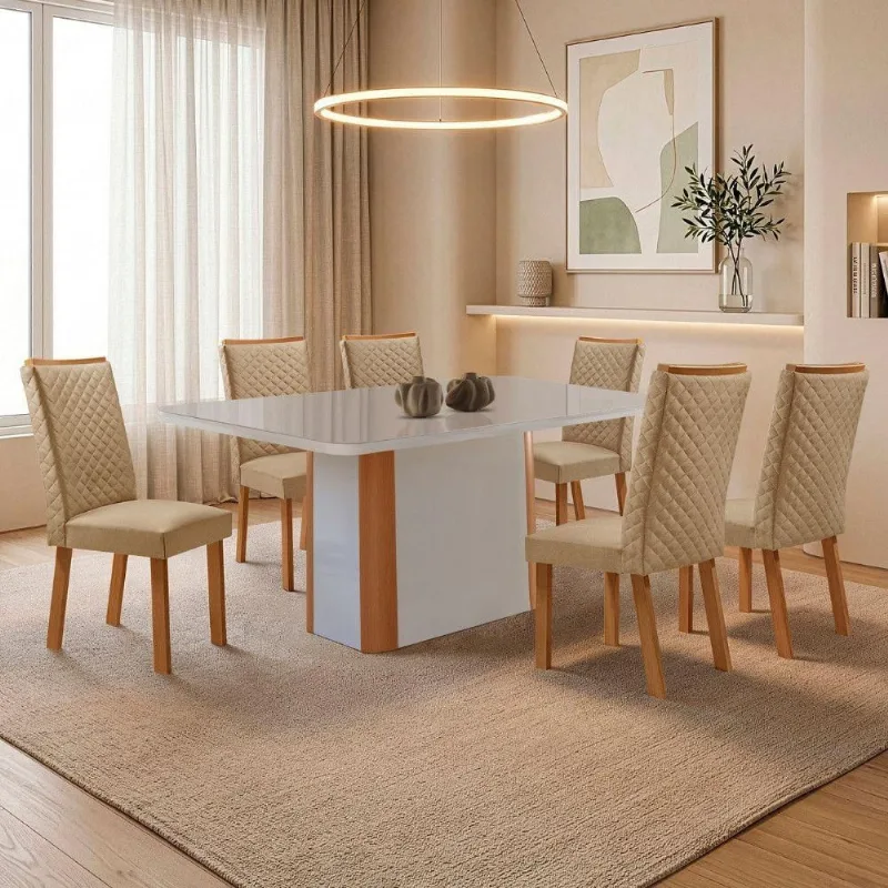 Mesa Isadora 6 Lugares Tampo MDF Vidro Serigrafado Off White 180CM Moderna - Moderna