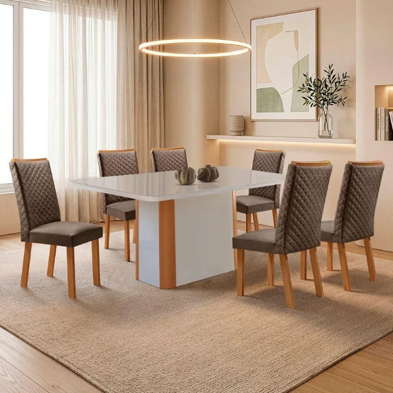 Mesa Isadora 6 Lugares MDF com Cadeiras Lira Veludo Off White 180CM Moderna - Moderna