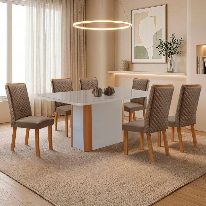 Mesa Isadora 6 Lugares MDF Cadeiras Lira Veludo Off White 180CM Moderna - Moderna