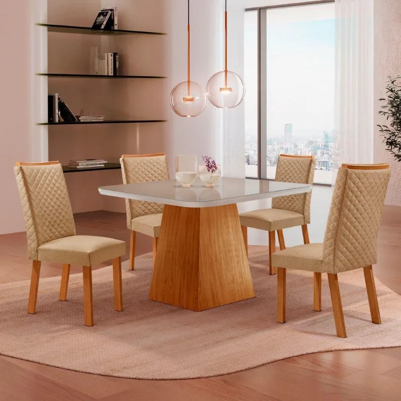 Mesa de Jantar Aida Lira 4 Lugares MDF Vidro Serigrafado Off White Moderna
