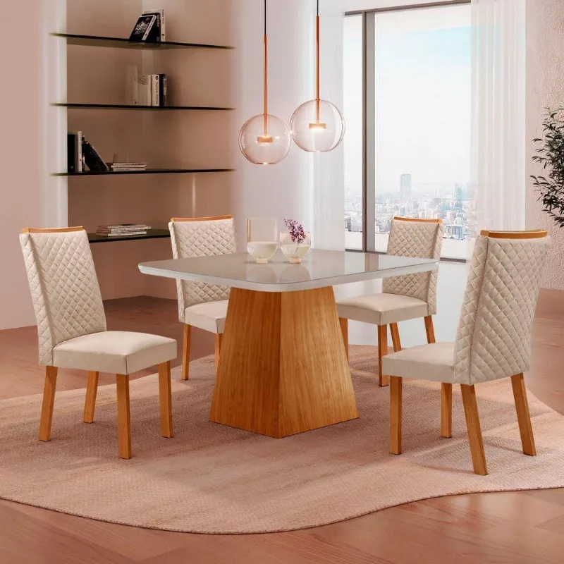 Mesa de Jantar Aida Lira 4 Lugares MDF Vidro Off White 90CM Moderna