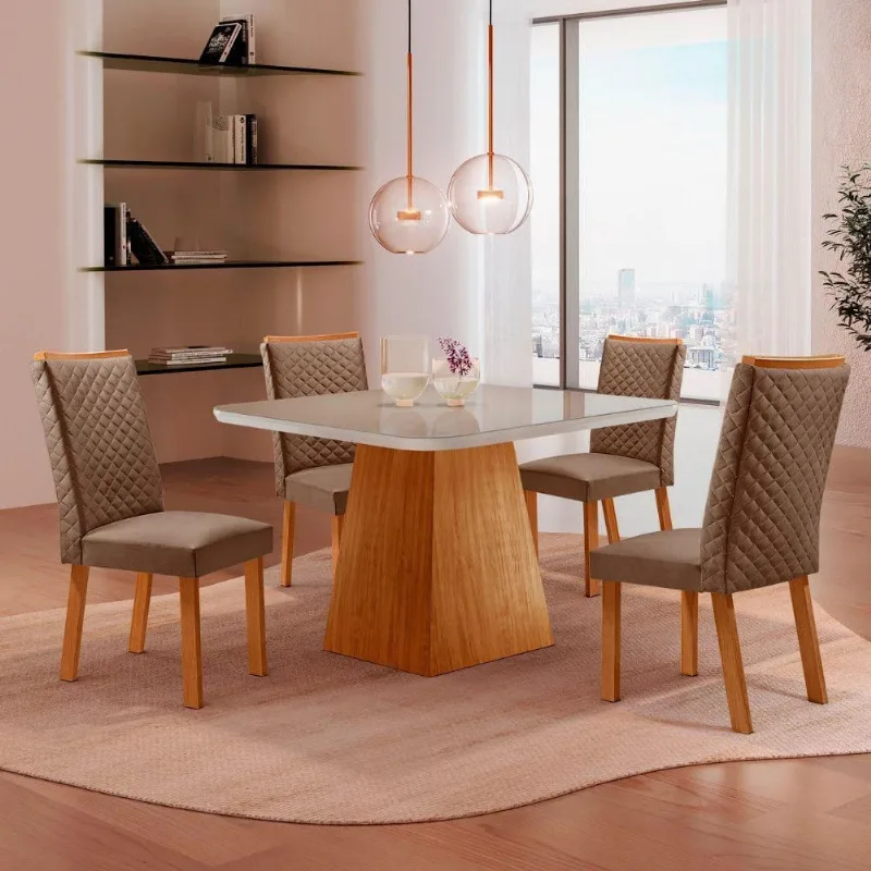 Mesa de Jantar Aida Lira 4 Lugares MDF Veludo Off White 90CM Moderna