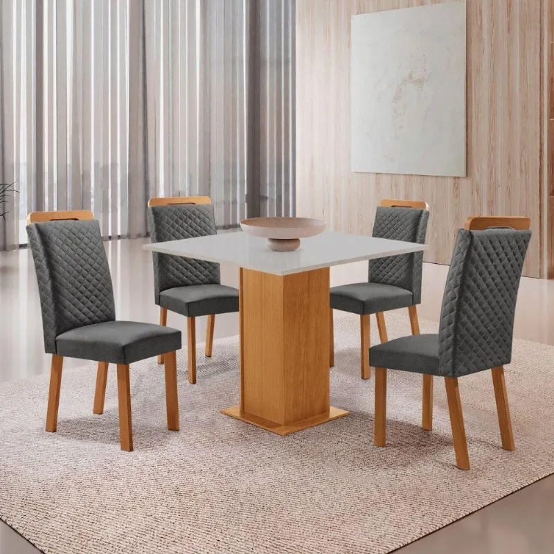 Mesa Loren 4 Lugares MDF com Cadeiras Lorena Linho Grafite 90cm Moderna - Moderna