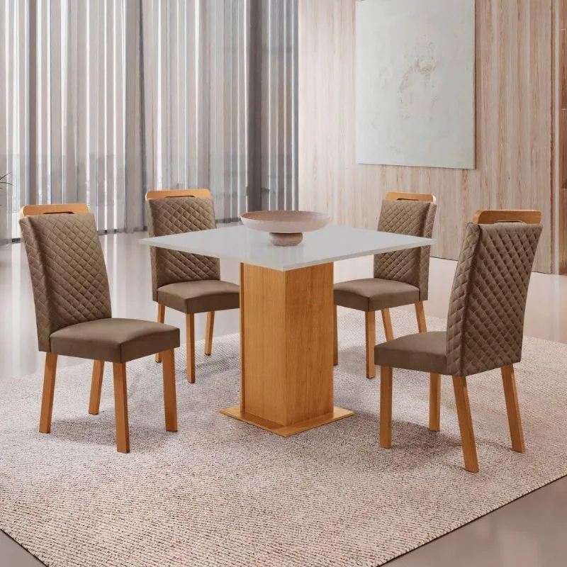 Mesa Loren 4 Lugares MDF com Cadeiras Lorena Veludo Off White 90cm Moderna - Moderna