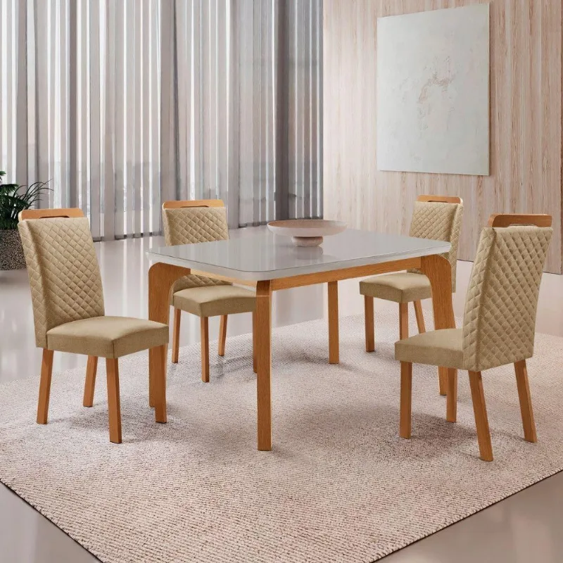 Mesa Jantar Liz 4 Lugares MDF Vidro Serigrafado Off White 120CM Moderna