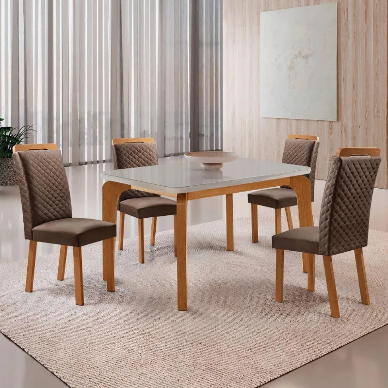 Mesa Jantar Liz 4 Lugares MDF Vidro Cadeiras Veludo Off White 120CM Moderna