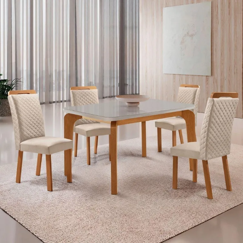 Mesa de Jantar Liz 4 Lugares Tampo MDF Vidro Cadeiras Veludo Off White 120CM Moderna