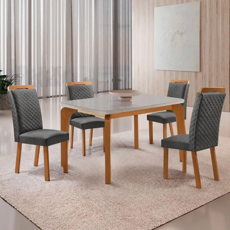 Mesa Liz 4 Lugares Tampo MDF Vidro Cadeiras Lorena Linho Off White 120CM Moderna