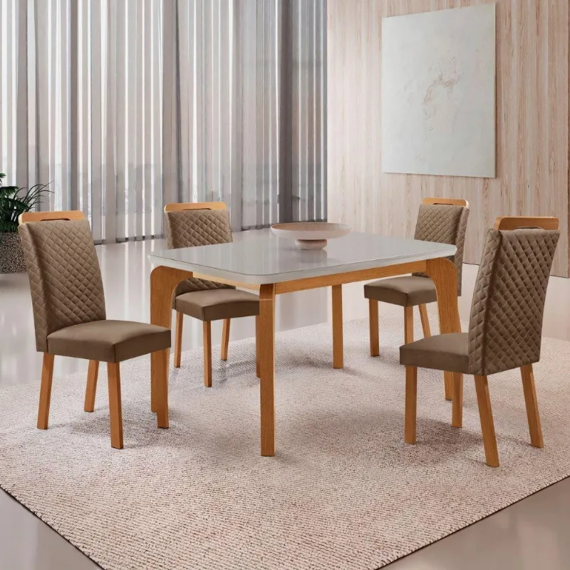 Mesa de Jantar Liz 4 Lugares Tampo MDF Vidro Cadeiras Veludo Off White 120cm Moderna