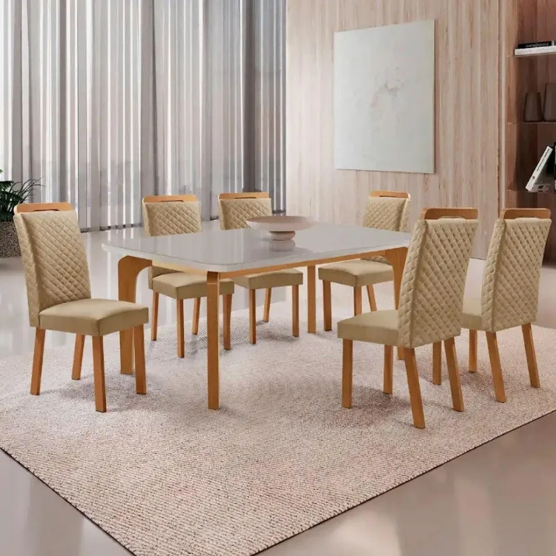 Mesa de Jantar Liz 6 Lugares Vidro Serigrafado com Cadeiras Lorena Off White Moderna - Moderna