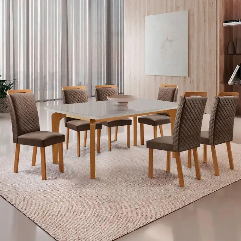 Mesa Jantar Liz Lorena 6 Lugares Vidro Serigrafado Veludo Off White 180cm Moderna - Moderna