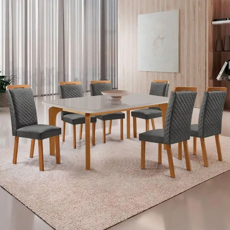 Mesa Jantar Liz 6 Lugares Vidro Serigrafado com Cadeiras Lorena Linho Off White Moderna - Moderna