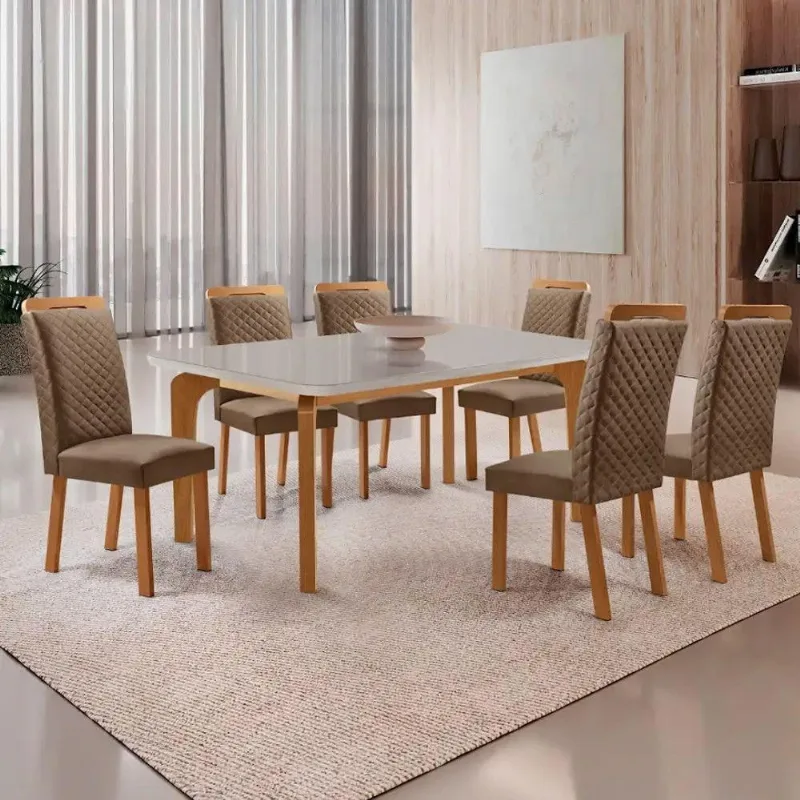Mesa Jantar Liz 6 Lugares Vidro Serigrafado Cadeiras Veludo Off White 180CM Moderna - Moderna