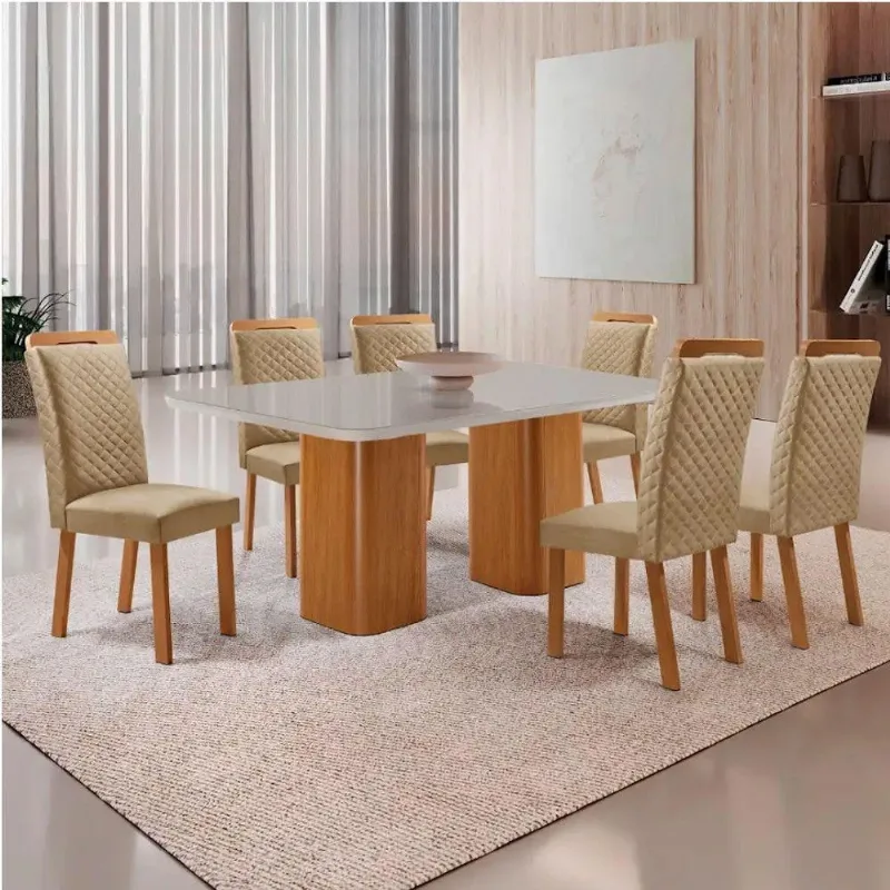Mesa Jantar Eloise 6 Lugares Vidro Serigrafado com Cadeiras Lorena Off White Moderna - Moderna