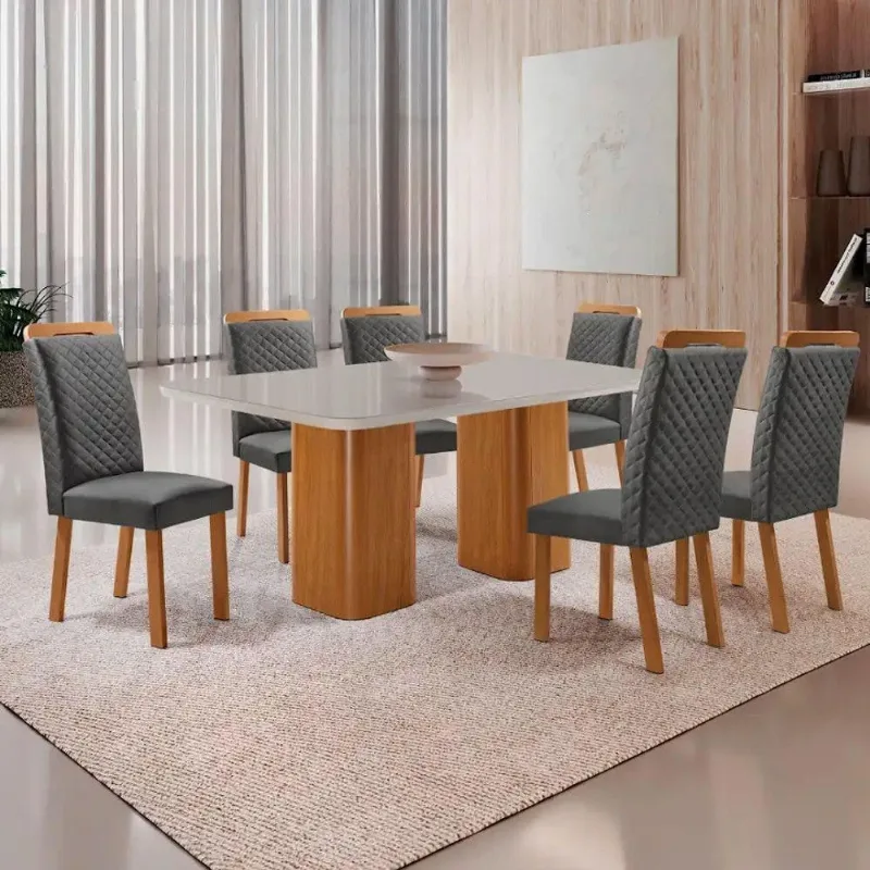 Mesa Jantar Eloise Lorena 6 Lugares Vidro Serigrafado Off White 180CM Moderna - Moderna