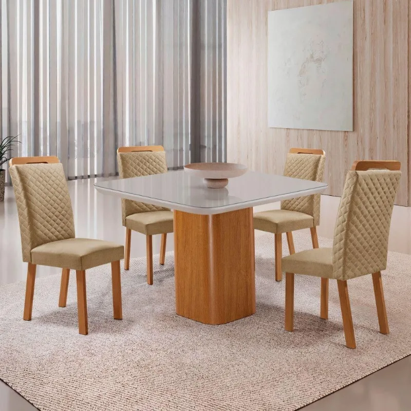 Mesa de Jantar Eloise 4 Lugares MDF com Vidro Off White 90CM Moderna