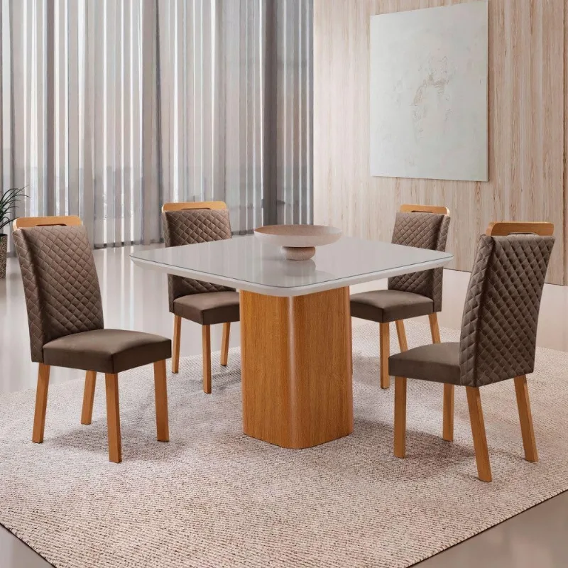 Mesa de Jantar Eloise 4 Lugares MDF Vidro com Cadeiras Lorena Veludo Off White 90cm Moderna