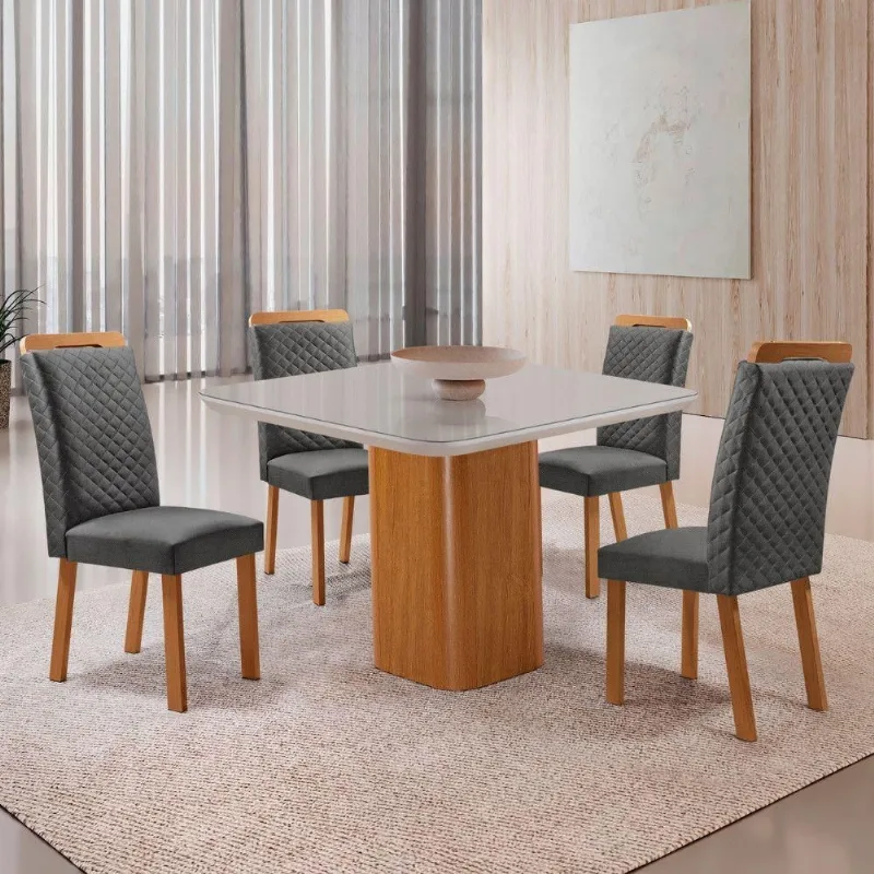 Mesa de Jantar Eloise 4 Lugares MDF Vidro com Cadeiras Lorena Linho Off White Moderna