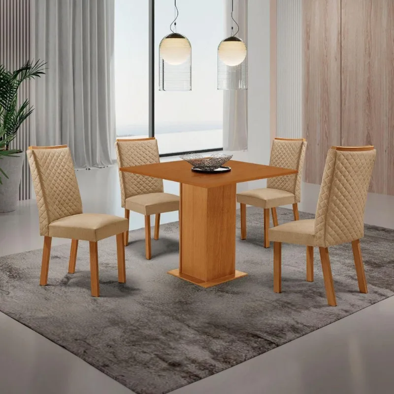 Conjunto Jantar Loren 4 Lugares MDF Cadeiras Lira Amadeirado 90CM Moderna - Moderna