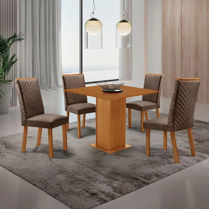 Conjunto Jantar Loren 4 Lugares MDF Cadeiras Lira Veludo Marrom 90CM Moderna - Moderna