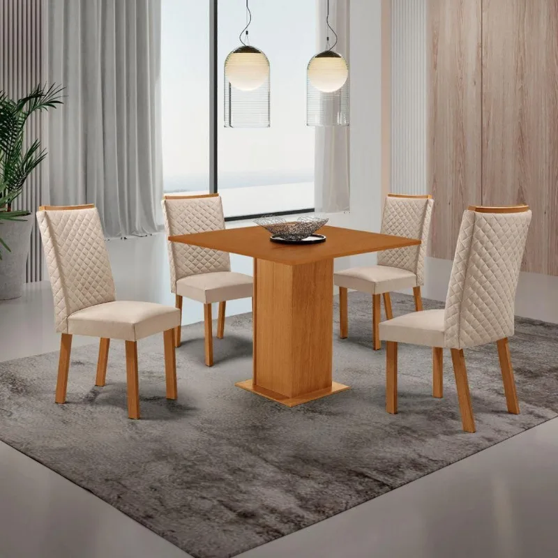Conjunto Jantar Loren 4 Lugares MDF Cadeiras Lira Veludo Creme 90CM Moderna - Moderna