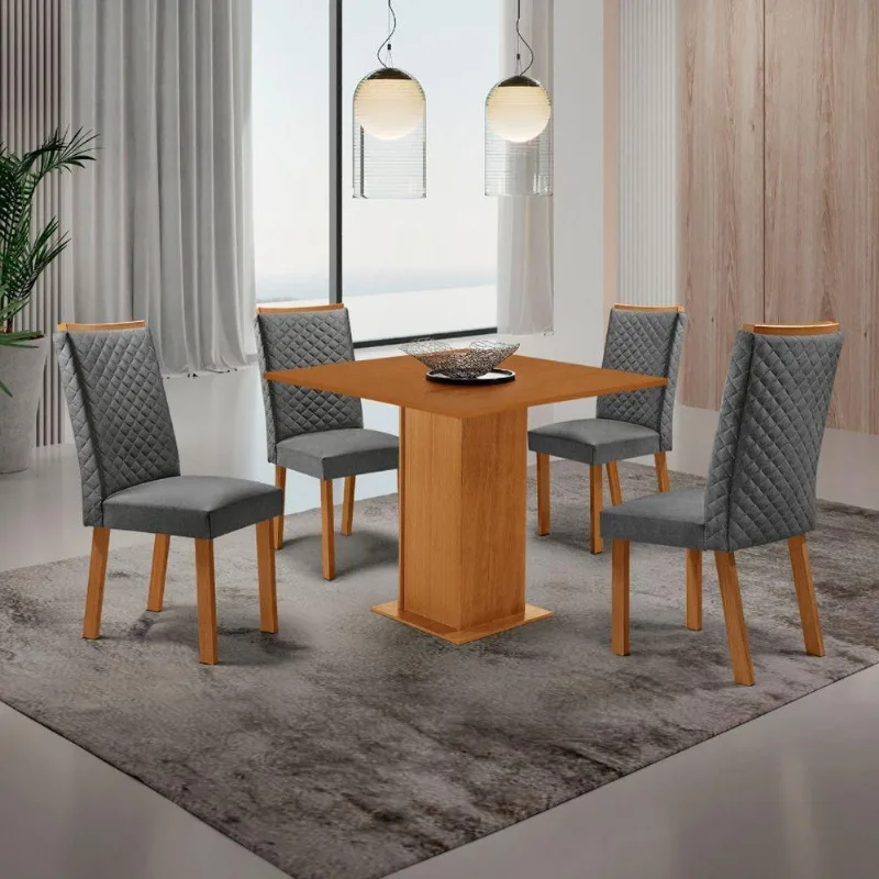 Conjunto Jantar Loren 4 Lugares MDF Cadeiras Lira Linho Grafite 90CM Moderna - Moderna