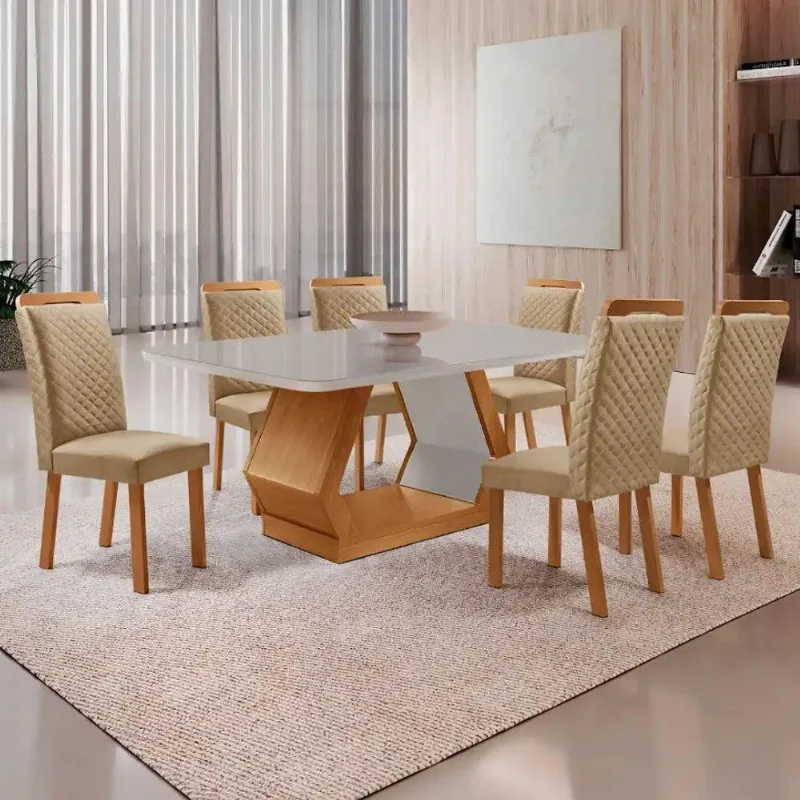 Mesa Jantar Alvorada Lorena 6 Lugares MDF Vidro Copo Off White 180CM Moderna - Moderna