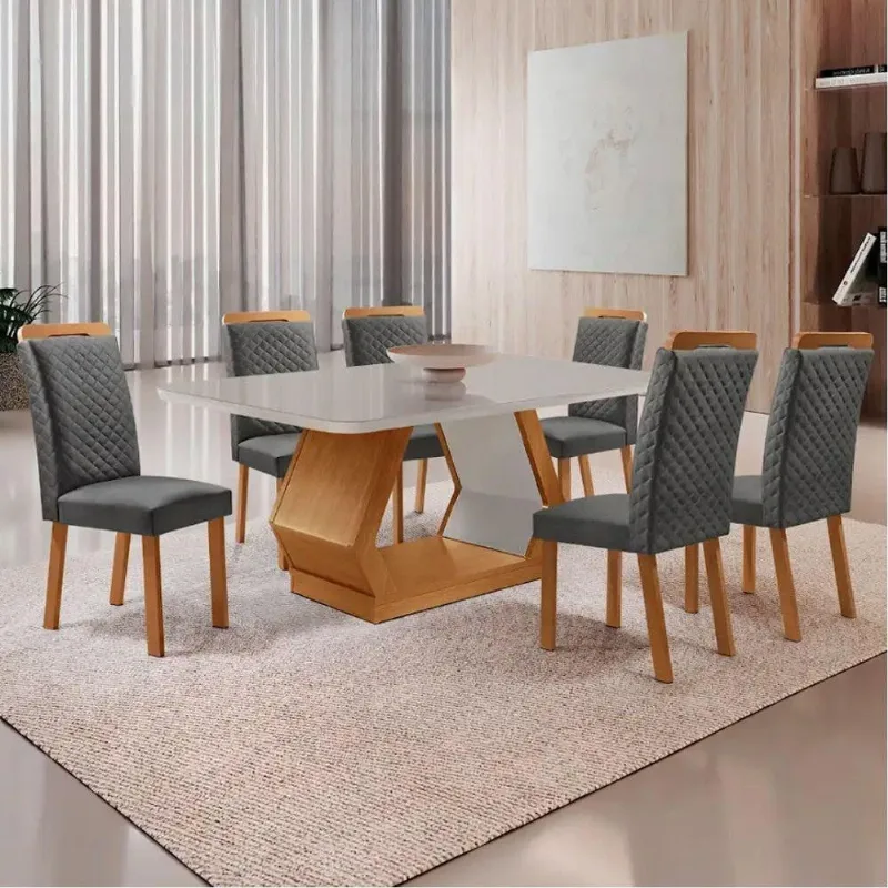 Mesa Alvorada 6 Lugares Tampo Vidro com Cadeiras Lorena Linho Off White Moderna