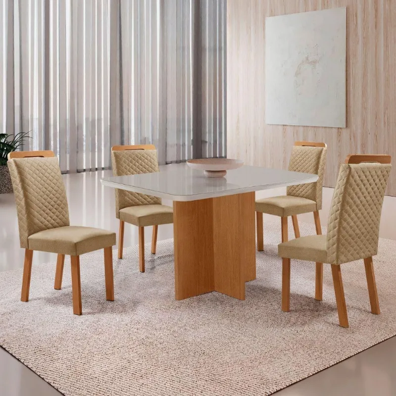 Mesa Jantar Olimpia 4 Lugares MDF Vidro Cadeiras Lorena Off White Moderna