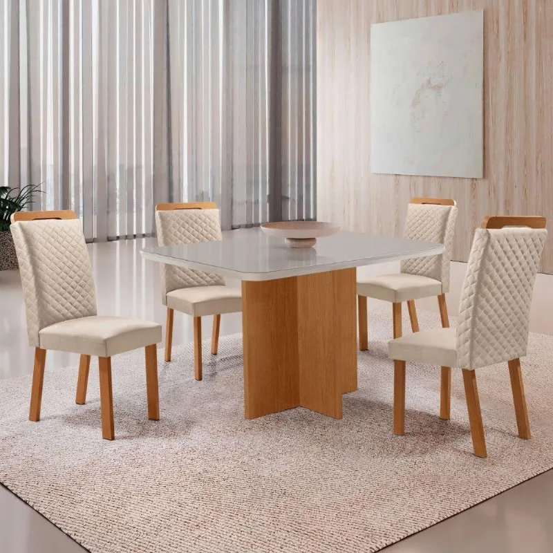Mesa Olimpia 4 Lugares MDF com Vidro e Cadeiras Lorena Veludo Off White Moderna - Moderna