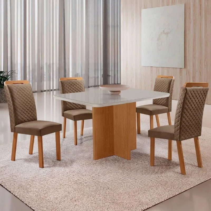 Mesa Jantar Olimpia 4 Lugares MDF Vidro Cadeiras Lorena Veludo Off White Moderna