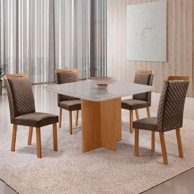 Mesa de Jantar Olimpia 4 Lugares MDF com Cadeiras Lorena Veludo Off White Moderna
