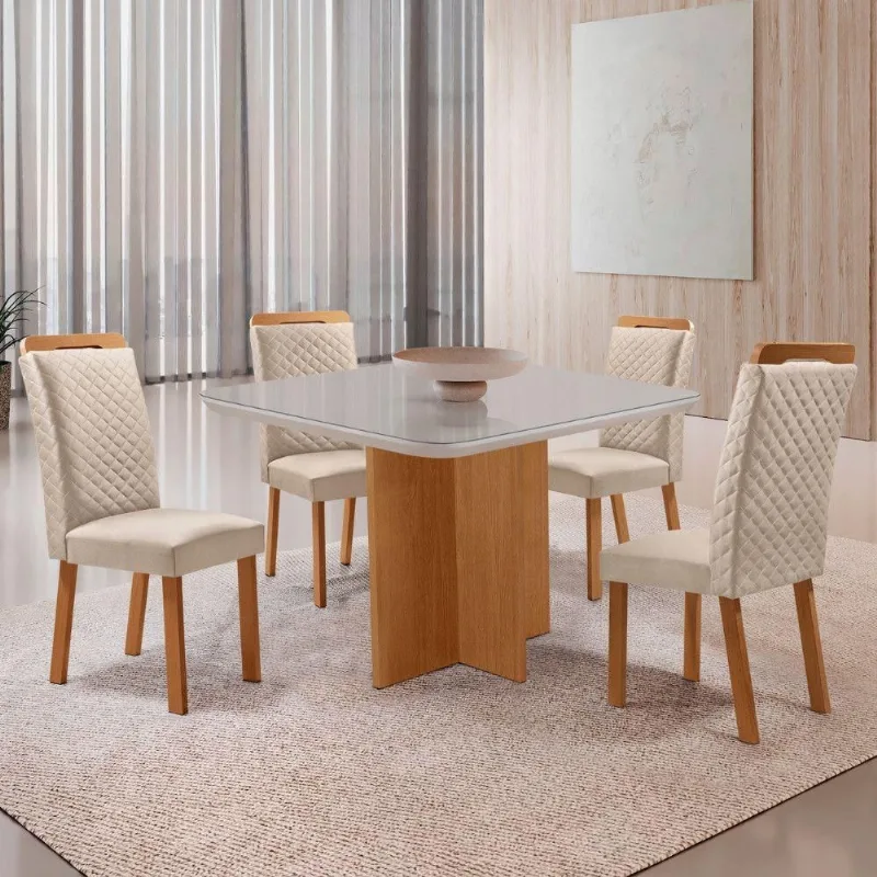 Mesa Jantar Olimpia 4 Lugares MDF Cadeiras Lorena Veludo Off White Moderna