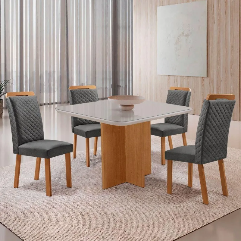 Mesa de Jantar Olimpia 4 Lugares MDF Cadeiras Lorena Linho Off White 90CM Moderna