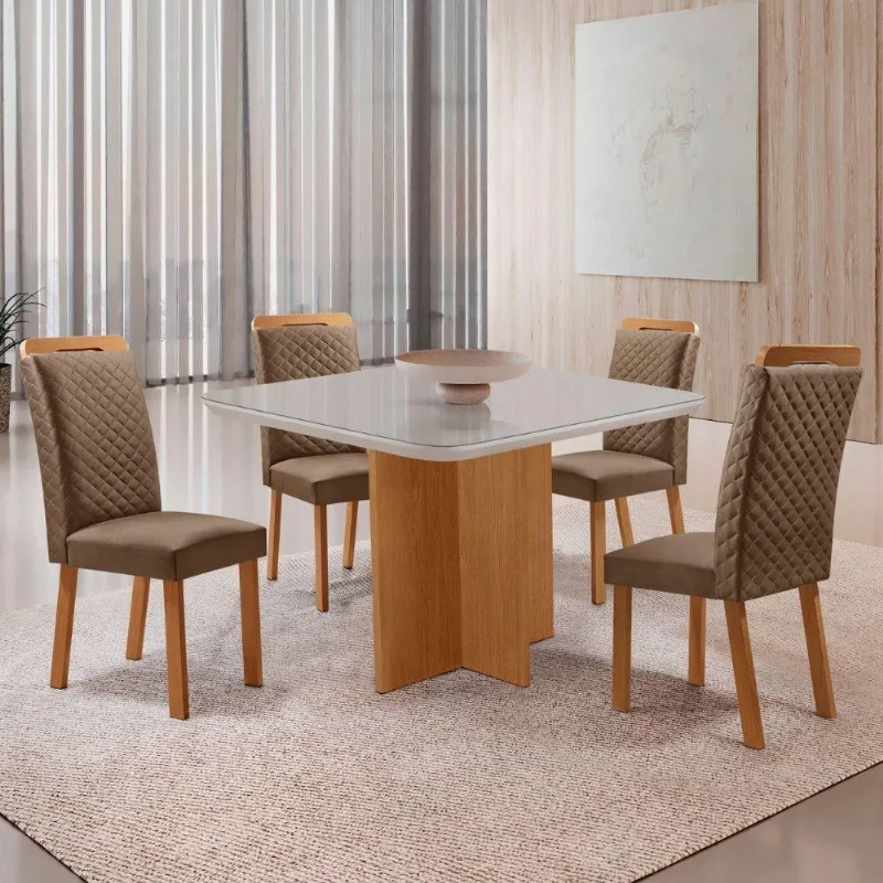 Mesa Jantar Olimpia 4 Lugares MDF Cadeiras Lorena Veludo Off White Moderna