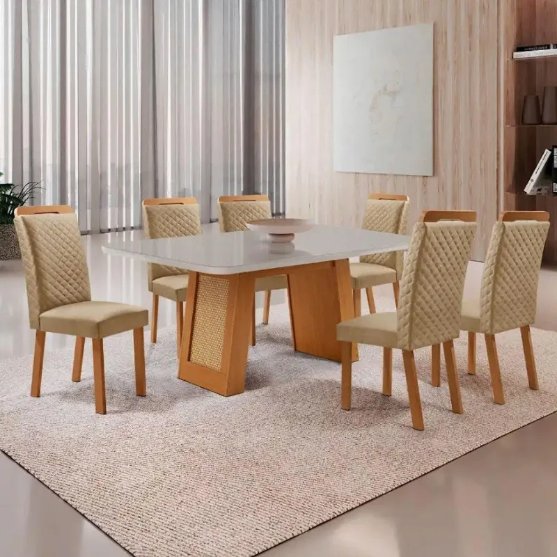 Mesa Jantar Carolina Lorena 6 Lugares MDF Vidro Off White 180CM Moderna - Moderna