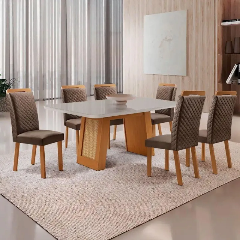 Mesa Jantar Carolina 6 Lugares MDF Vidro Serigrafado Off White 180CM Moderna - Moderna