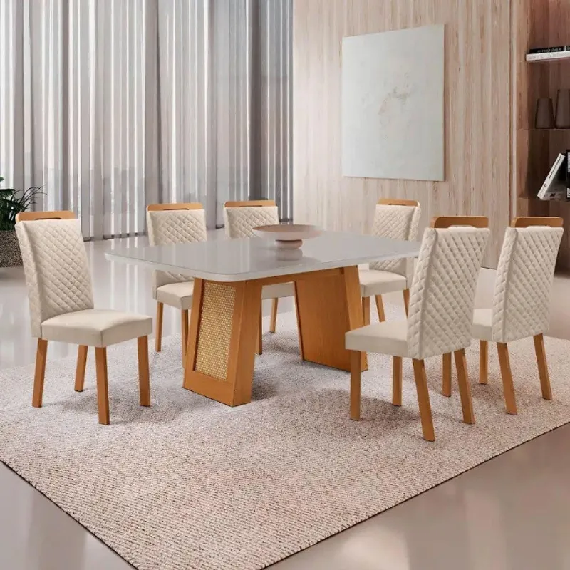 Mesa Jantar Carolina 6 Lugares MDF Vidro Serigrafado Off White 180CM Moderna - Moderna