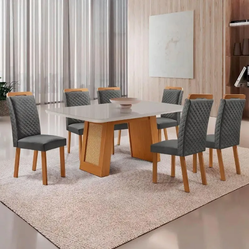 Mesa Jantar Carolina 6 Lugares MDF Vidro Serigrafado Cadeiras Lorena Off White 180CM Moderna - Moderna