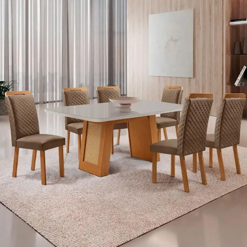 Mesa Jantar Carolina 6 Lugares MDF Vidro Serigrafado Off White 180CM Moderna - Moderna