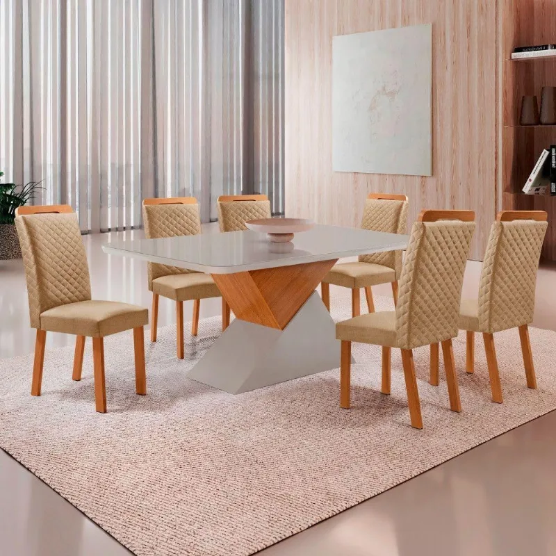 Mesa de Jantar Aster Lorena 6 Lugares Vidro Off White 180CM Moderna - Moderna