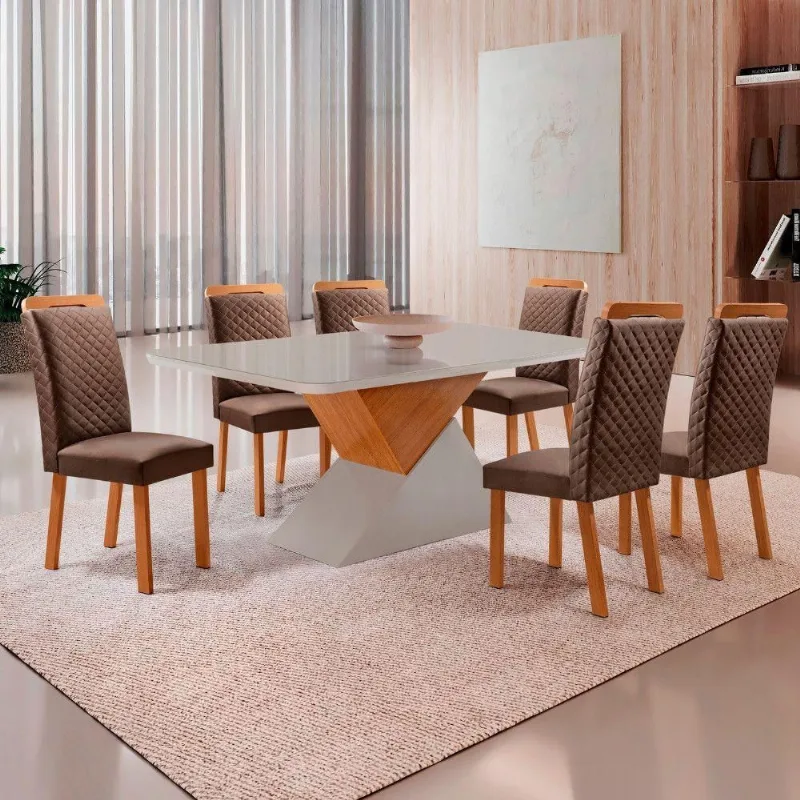 Mesa de Jantar Aster Lorena 6 Lugares Vidro Off White 180CM Moderna - Moderna