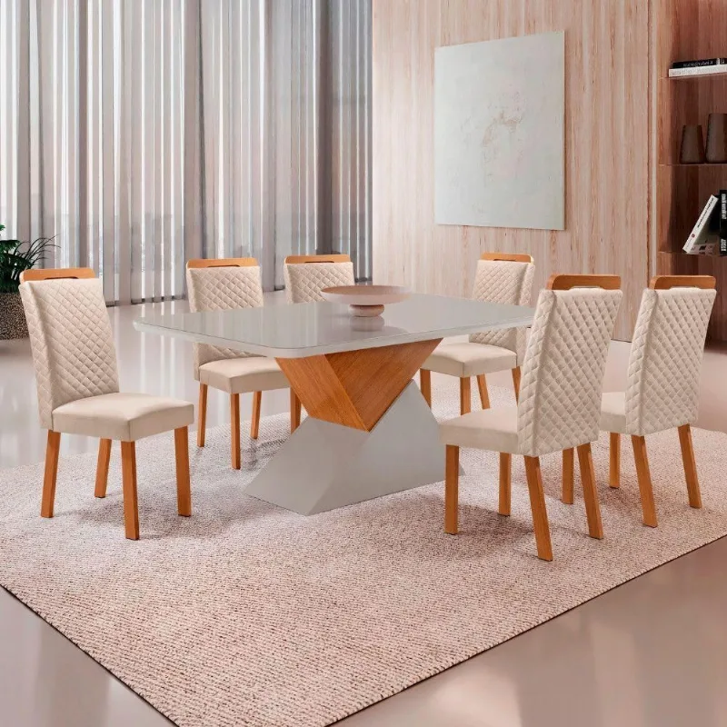 Mesa Aster Lorena 6 Lugares Vidro Serigrafado Cadeiras Veludo Off White 180CM Moderna - Moderna