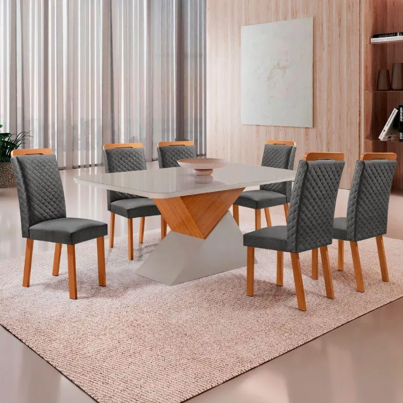 Mesa Aster Lorena 6 Lugares Vidro Serigrafado Cadeiras Linho Off White 180CM Moderna - Moderna