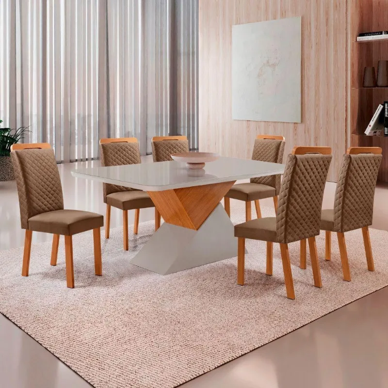 Mesa Aster Lorena 6 Lugares Vidro Serigrafado Cadeiras Veludo Off White 180CM Moderna - Moderna