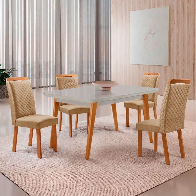 Mesa de Jantar Copper Lorena 4 Lugares MDF Serigrafado Off White 120CM Moderna
